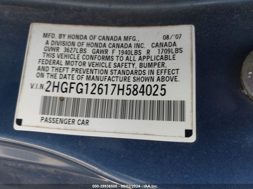 2007 Honda Civic Lx VIN: 2HGFG12617H584025 Lot: 39936500