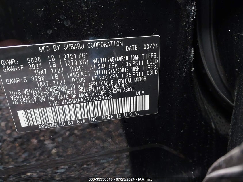 2024 Subaru Ascent Base 8-Passenger VIN: 4S4WMAAD2R3429623 Lot: 39936516