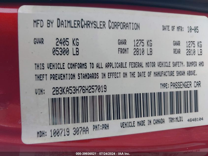 2006 Dodge Charger Rt VIN: 2B3KA53H76H257019 Lot: 39936521