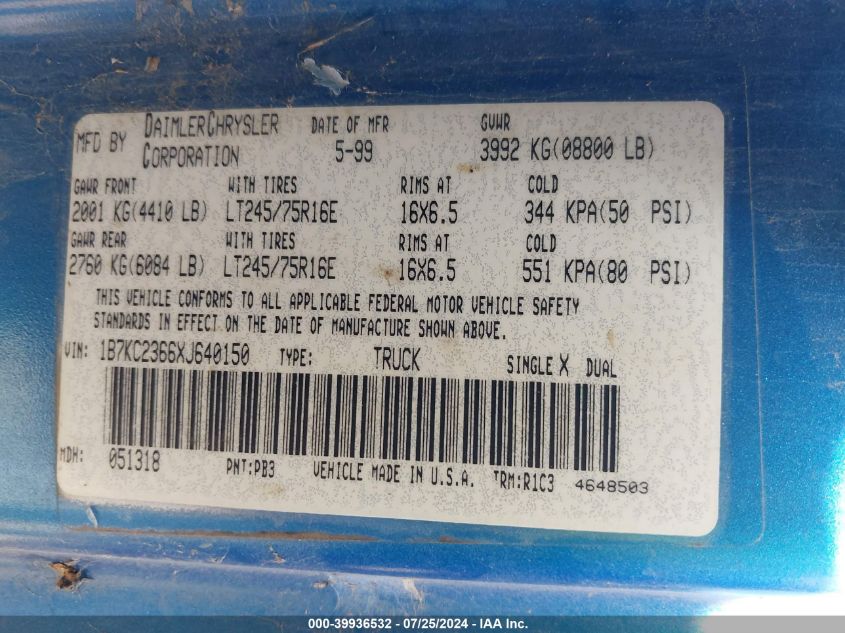 1999 Dodge Ram 2500 VIN: 1B7KC2366XJ640150 Lot: 39936532