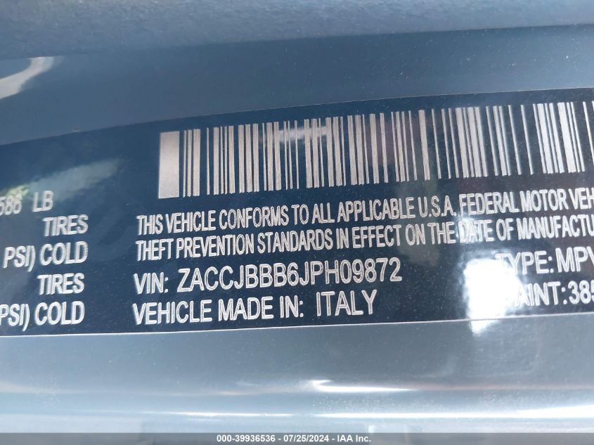 2018 Jeep Renegade Altitude 4X4 VIN: ZACCJBBB6JPH09872 Lot: 39936536