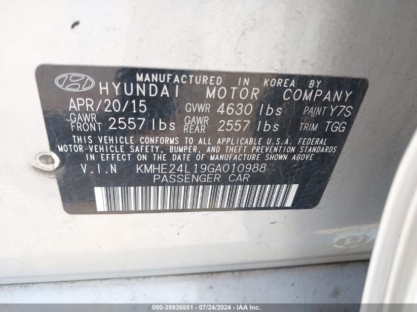 2016 Hyundai Sonata Hybrid Se VIN: KMHE24L19GA010988 Lot: 39936551