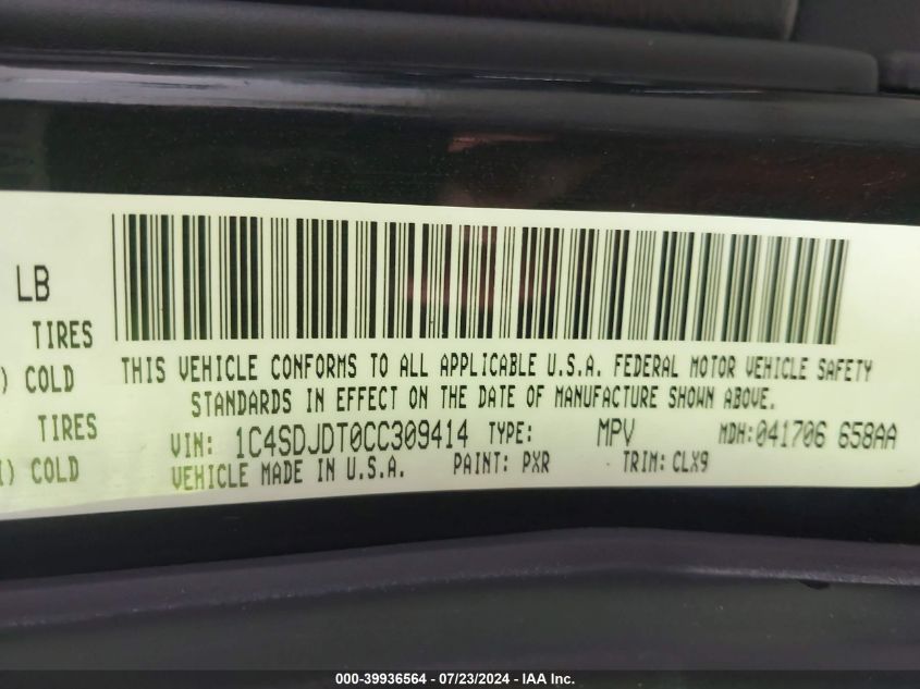 2012 Dodge Durango Crew VIN: 1C4SDJDT0CC309414 Lot: 39936564