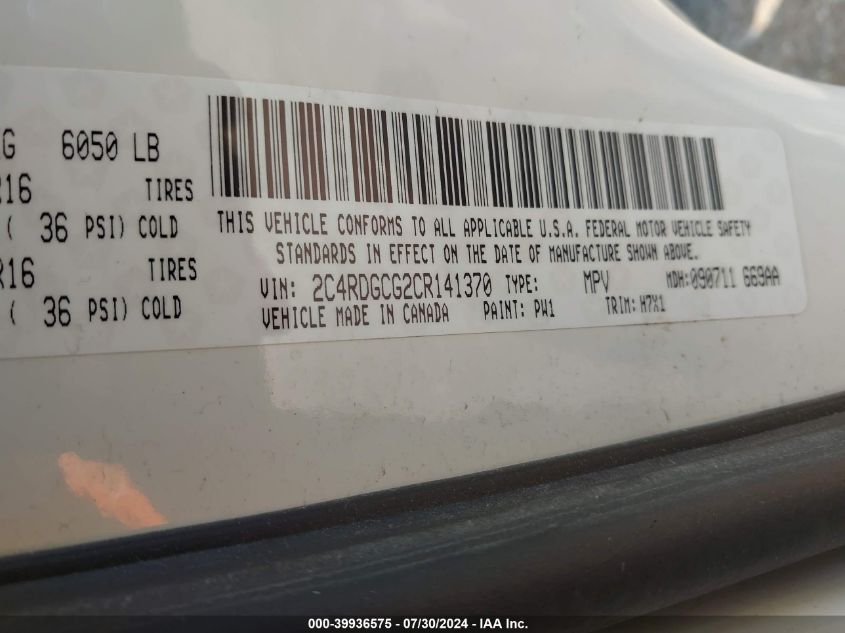 2012 Dodge Grand Caravan Sxt VIN: 2C4RDGCG2CR141370 Lot: 39936575