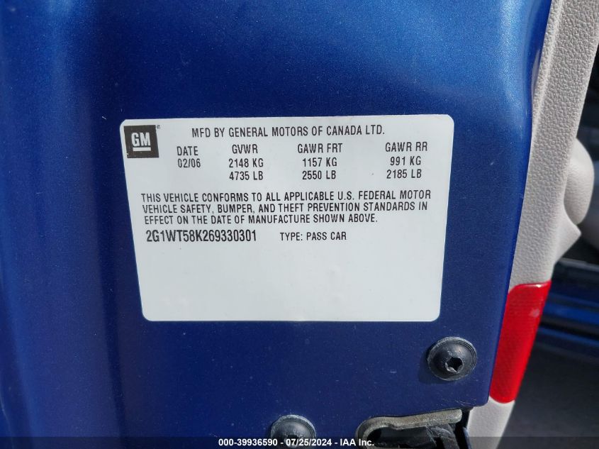 2006 Chevrolet Impala Lt VIN: 2G1WT58K269330301 Lot: 39936590