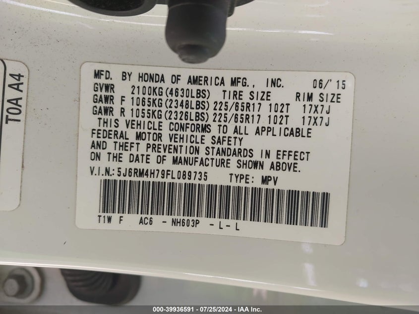 2015 Honda Cr-V Ex-L VIN: 5J6RM4H79FL089735 Lot: 39936591