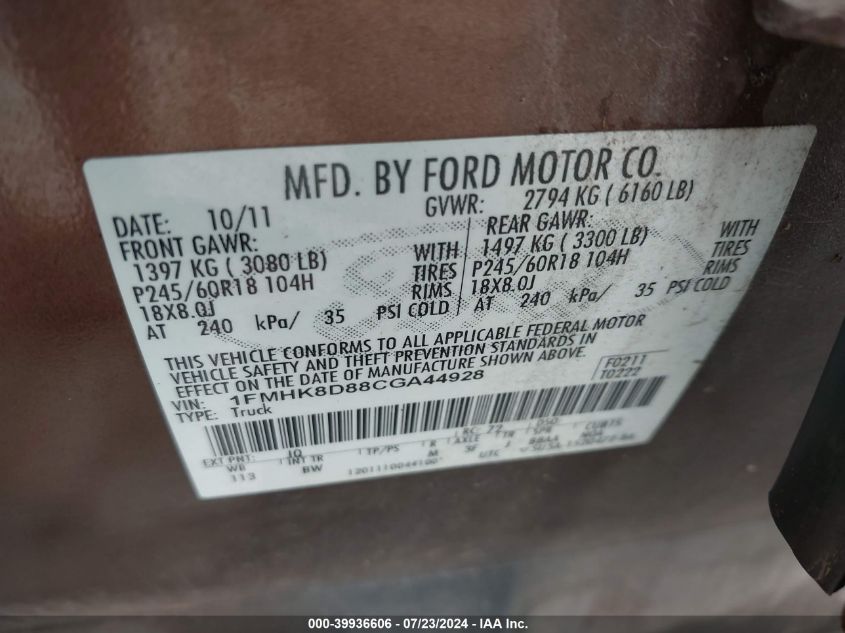 2012 Ford Explorer Xlt VIN: 1FMHK8D88CGA44928 Lot: 39936606