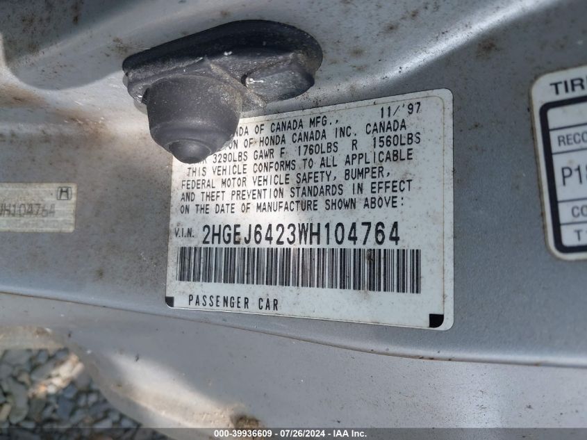 1998 Honda Civic Cx VIN: 2HGEJ6423WH104764 Lot: 39936609