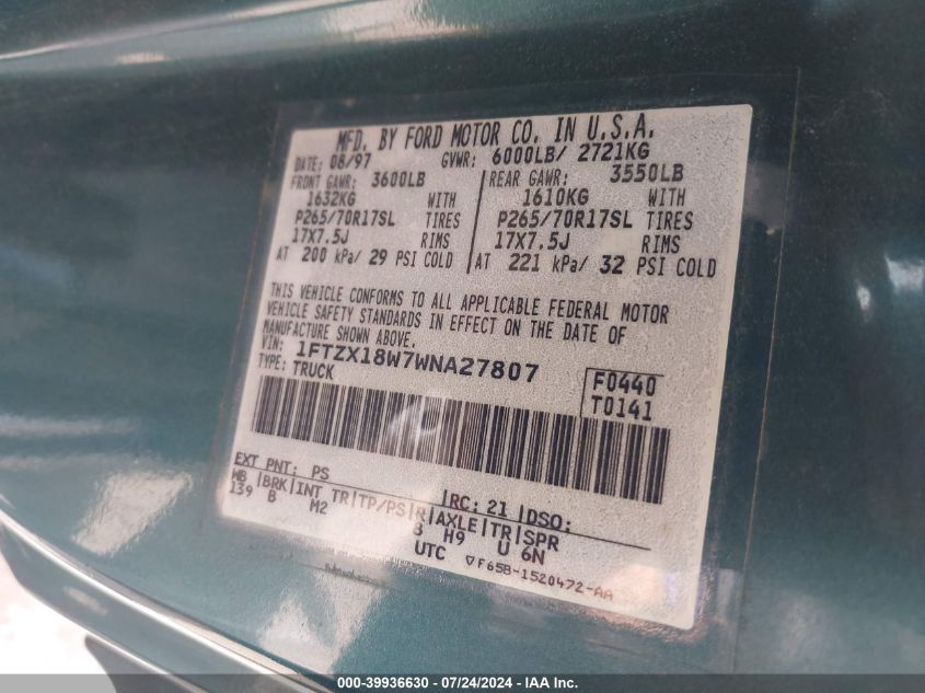1998 Ford F-150 Lariat/Standard/Xl/Xlt VIN: 1FTZX18W7WNA27807 Lot: 39936630