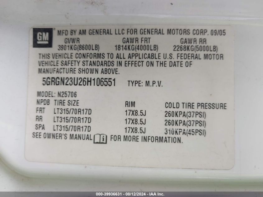 2006 Hummer H2 Suv VIN: 5GRGN23U26H106551 Lot: 39936631