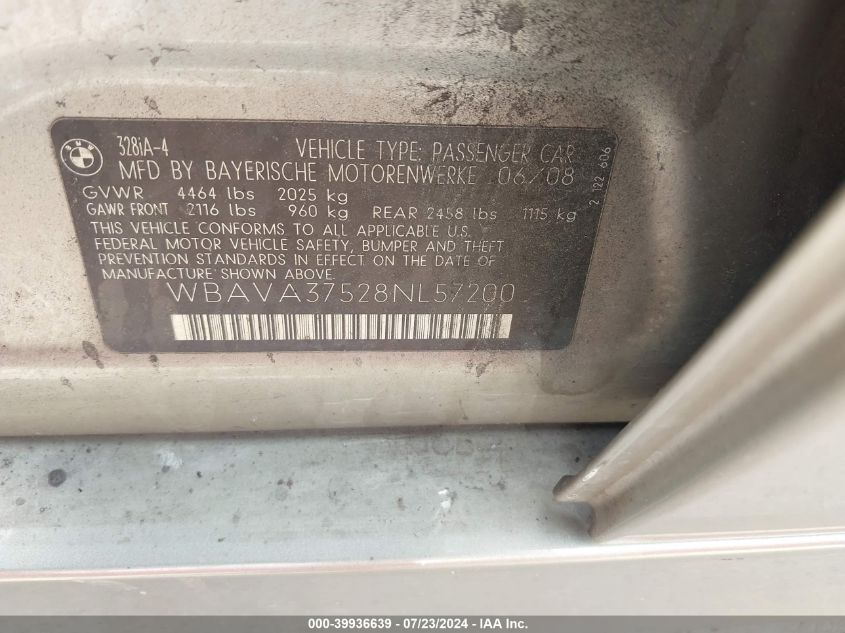 2008 BMW 328I VIN: WBAVA37528NL57200 Lot: 39936639