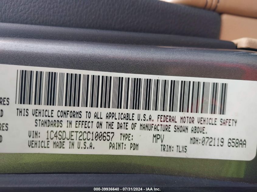 2012 Dodge Durango Citadel VIN: 1C4SDJET2CC100657 Lot: 39936640