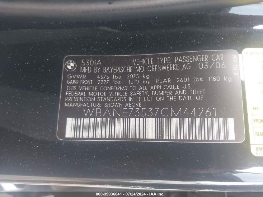 2007 BMW 530I VIN: WBANE73537CM44261 Lot: 39936641