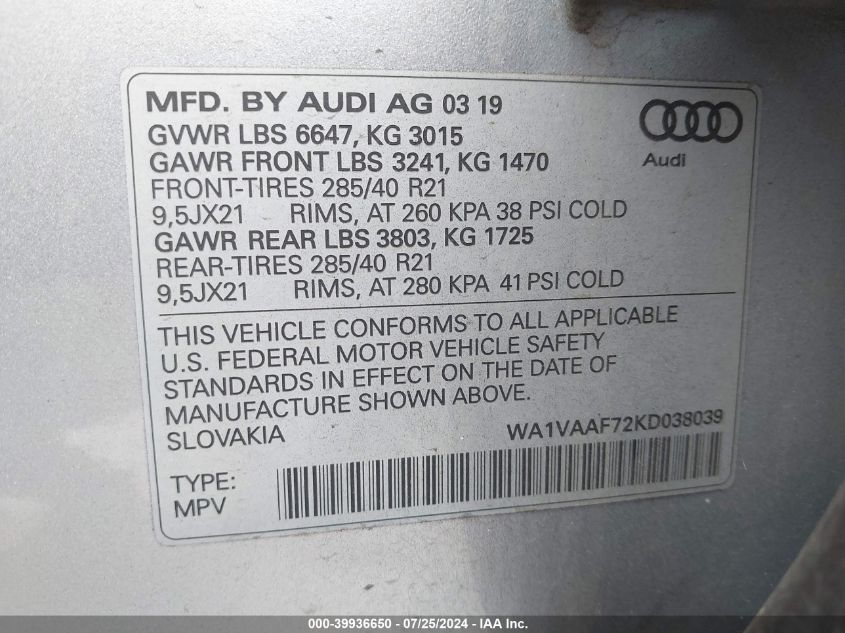 2019 Audi Q7 55 Premium VIN: WA1VAAF72KD038039 Lot: 39936650