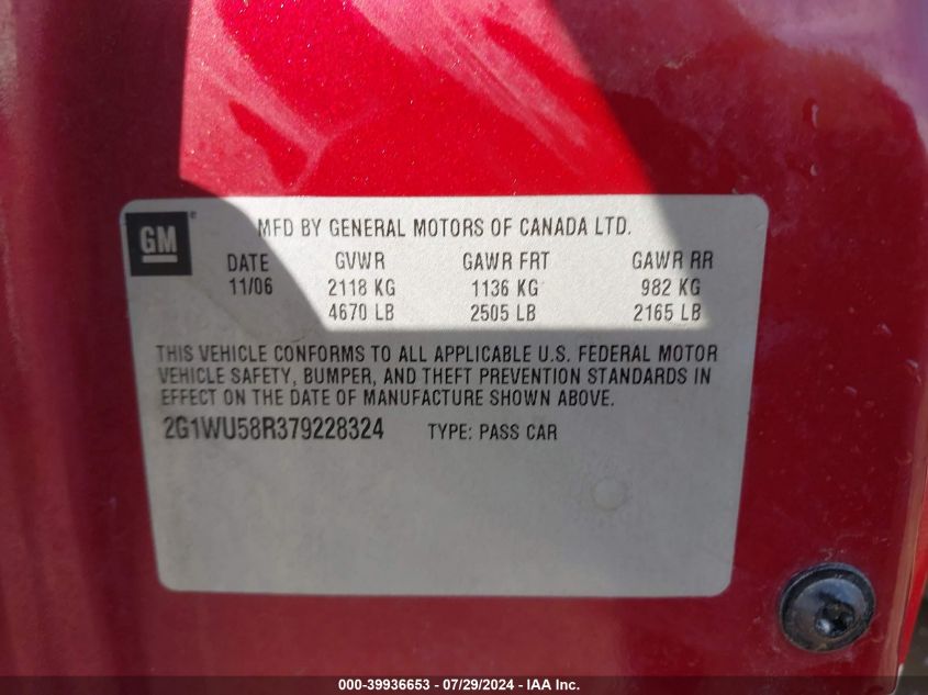 2007 Chevrolet Impala Ltz VIN: 2G1WU58R379228324 Lot: 39936653