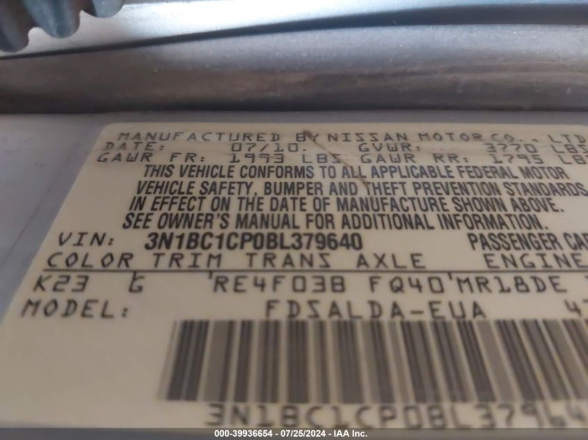 2011 Nissan Versa S/Sl VIN: 3N1BC1CP0BL379640 Lot: 39936654