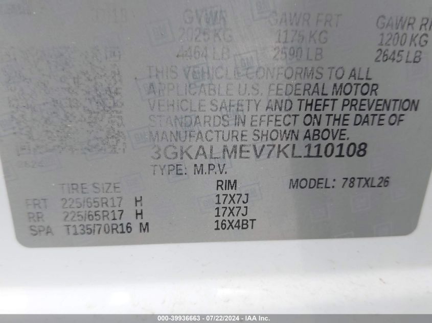 2019 GMC Terrain Sle VIN: 3GKALMEV7KL110108 Lot: 39936663