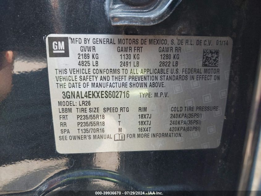 2014 CHEVROLET CAPTIVA SPORT LTZ - 3GNAL4EKXES602716