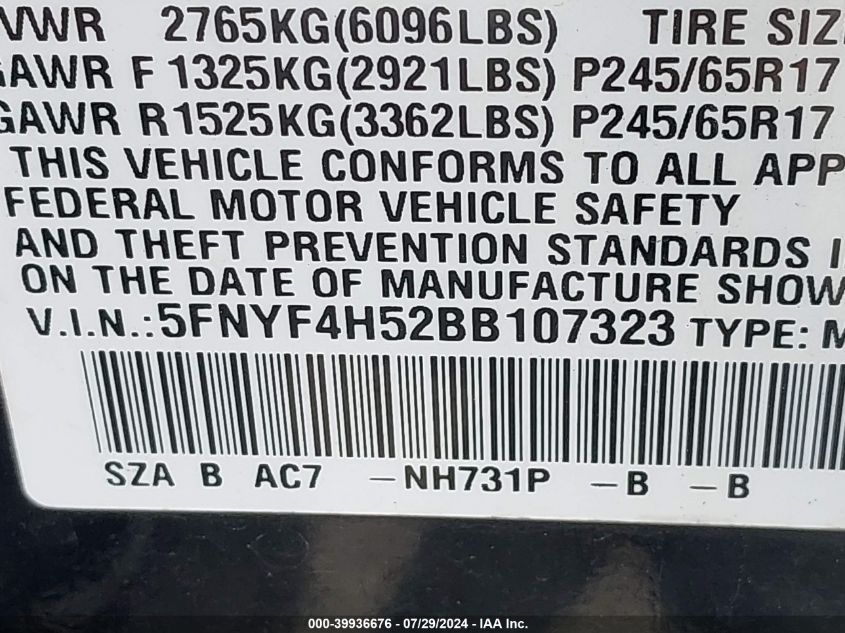 2011 Honda Pilot Ex-L VIN: 5FNYF4H52BB107323 Lot: 39936676