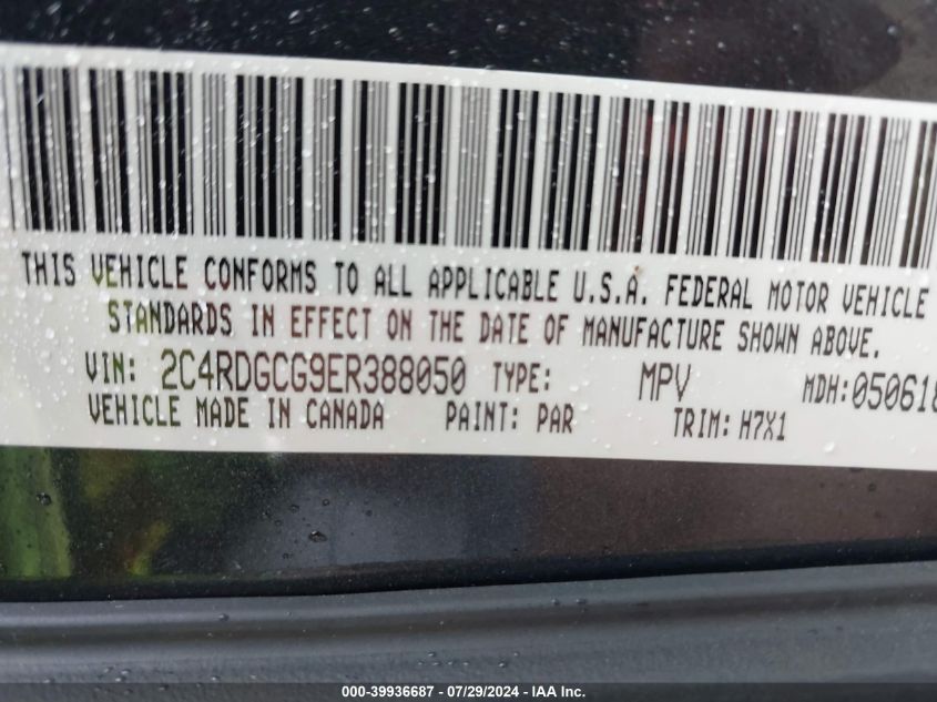 2014 Dodge Grand Caravan Sxt VIN: 2C4RDGCG9ER388050 Lot: 39936687