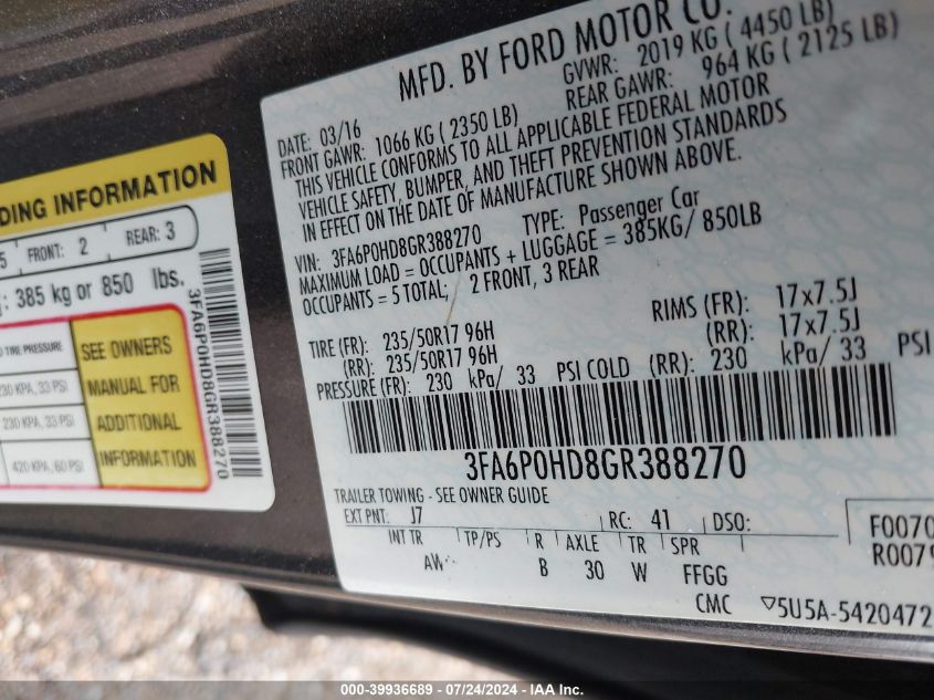 2016 Ford Fusion Se VIN: 3FA6P0HD8GR388270 Lot: 39936689