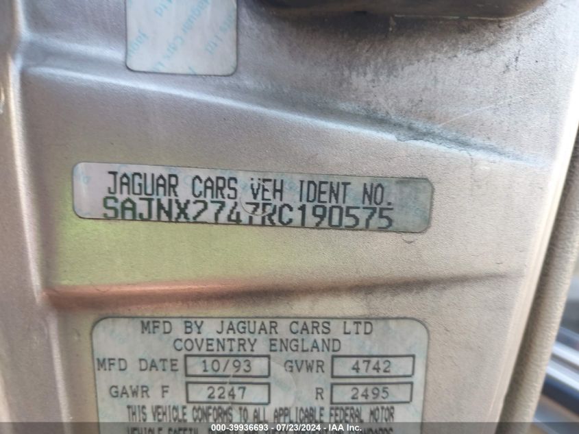 1994 Jaguar Xjs 2+2 VIN: SAJNX2747RC190575 Lot: 39936693