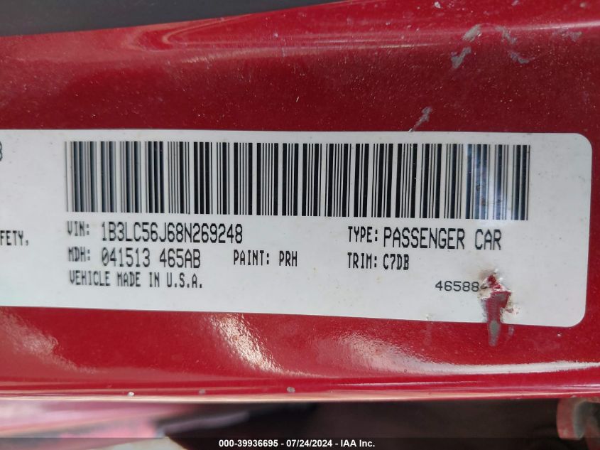 2008 Dodge Avenger Sxt VIN: 1B3LC56J68N269248 Lot: 39936695