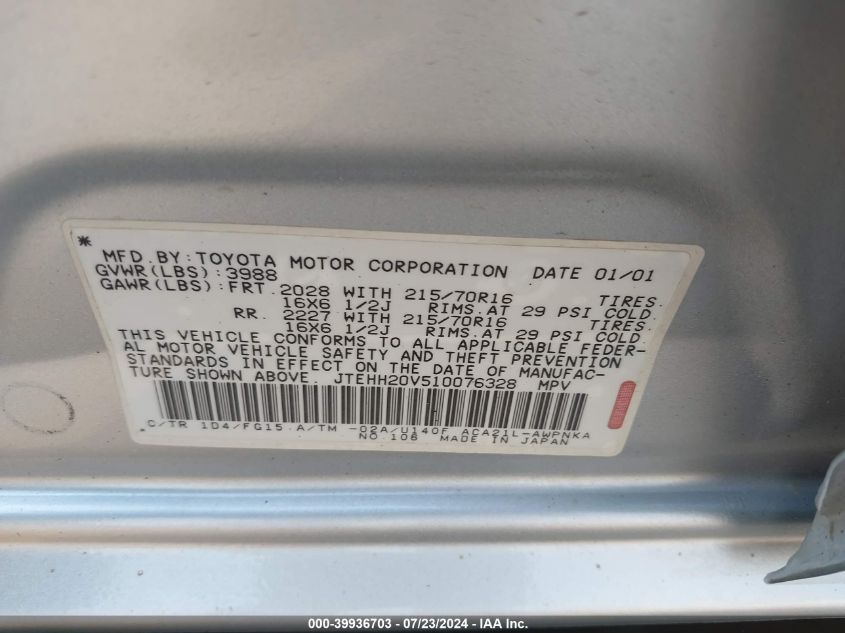 2001 Toyota Rav4 VIN: JTEHH20V510076328 Lot: 39936703