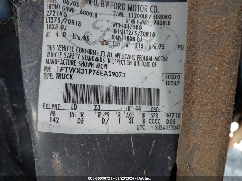 2006 Ford F350 Srw Super Duty VIN: 1FTWX31P76EA29073 Lot: 39936721