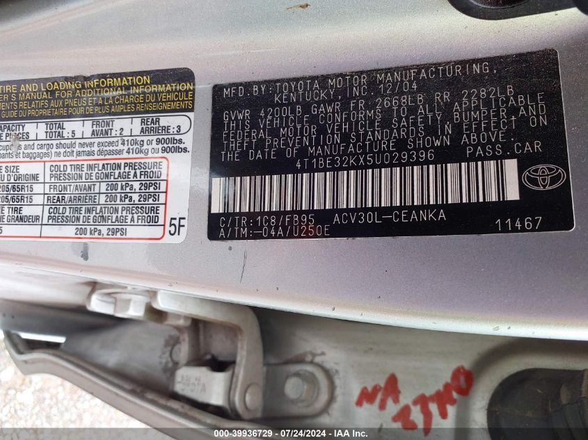 2005 Toyota Camry Le VIN: 4T1BE32KX5U029396 Lot: 39936729