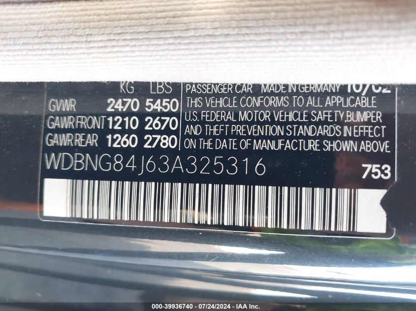 2003 Mercedes-Benz S 500 4Matic VIN: WDBNG84J63A325316 Lot: 39936740