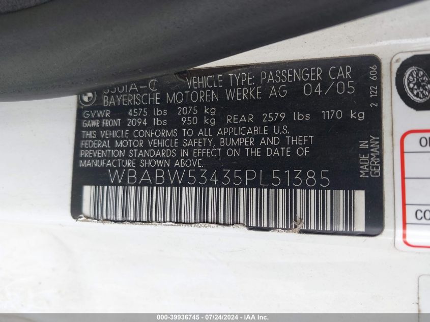 2005 BMW 330Ci VIN: WBABW53435PL51385 Lot: 39936745