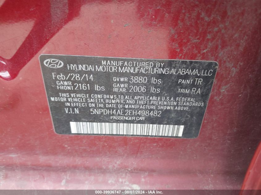 5NPDH4AE2EH498482 2014 Hyundai Elantra Se