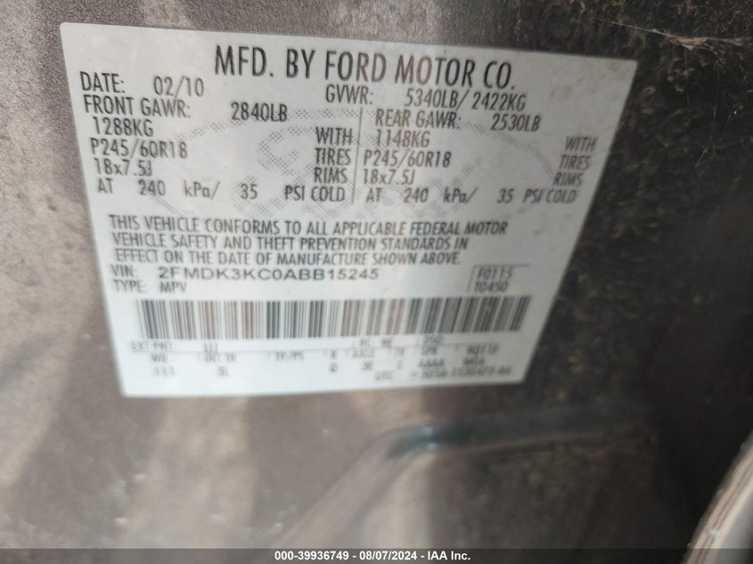 2010 Ford Edge Limited VIN: 2FMDK3KC0ABB15245 Lot: 39936749