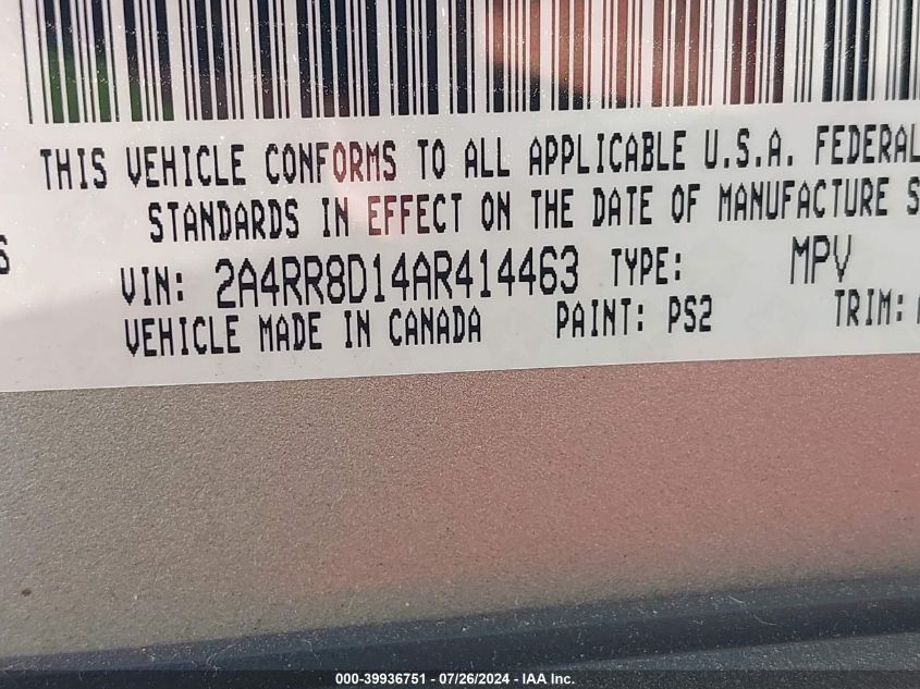 2010 Chrysler Town & Country Touring Plus VIN: 2A4RR8D14AR414463 Lot: 39936751