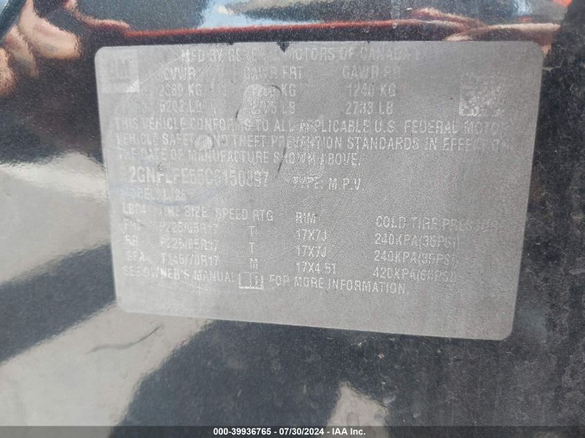 2012 Chevrolet Equinox Ltz VIN: 2GNFLFE55C6150097 Lot: 39936765