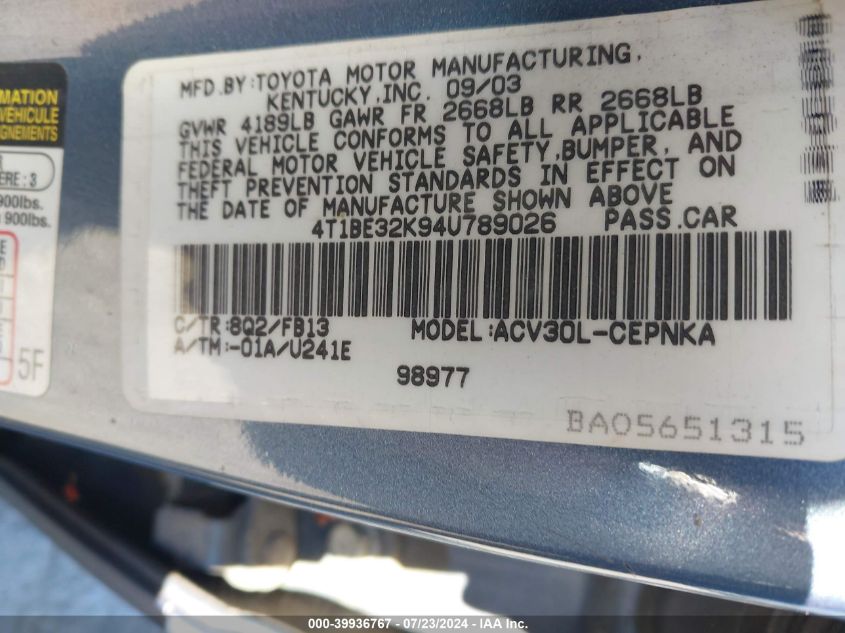 2004 Toyota Camry Le VIN: 4T1BE32K94U789026 Lot: 39936767