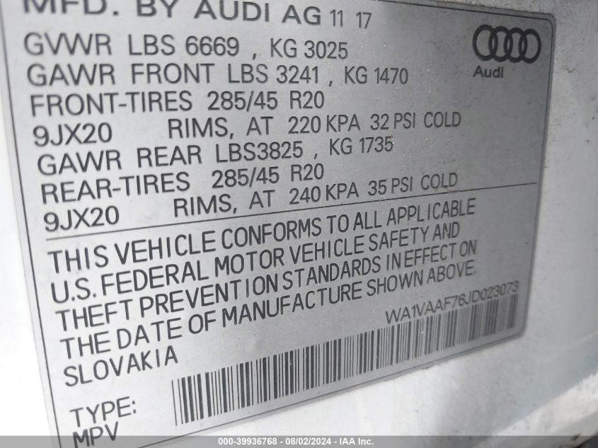 WA1VAAF76JD023073 2018 Audi Q7 3.0T Premium