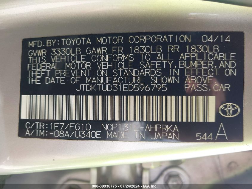 2014 Toyota Yaris L (Tmc/Cbu Plant) VIN: JTDKTUD31ED596795 Lot: 39936775