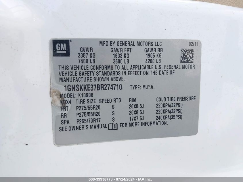 2011 Chevrolet Suburban 1500 Ltz VIN: 1GNSKKE37BR274710 Lot: 39936778