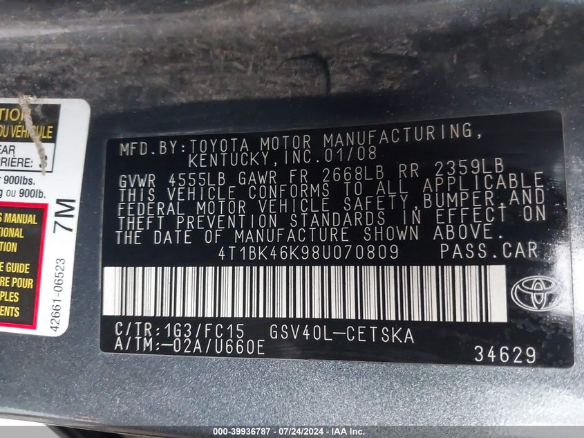 2008 Toyota Camry Se V6 VIN: 4T1BK46K98U070809 Lot: 39936787