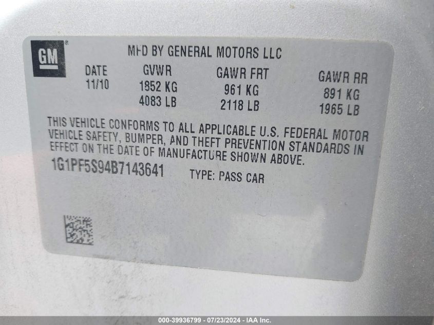 2011 Chevrolet Cruze Lt VIN: 1G1PF5S94B7143641 Lot: 39936799