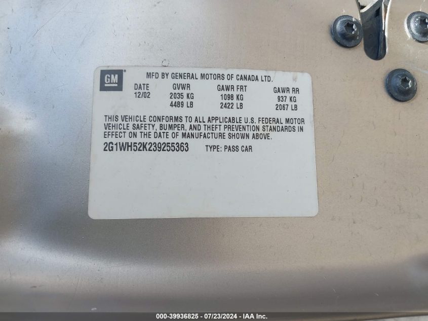 2003 Chevrolet Impala Ls VIN: 2G1WH52K239255363 Lot: 39936825