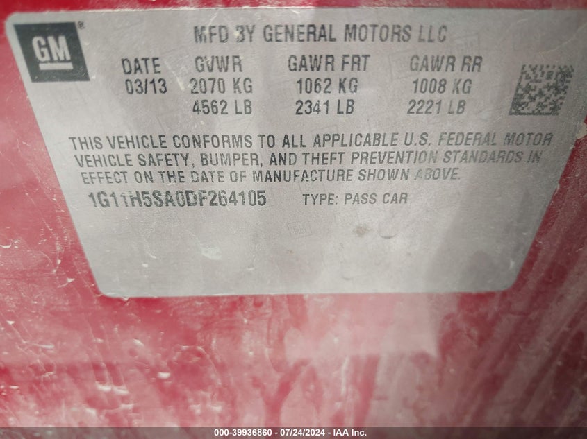 2013 Chevrolet Malibu 1Lz VIN: 1G11H5SA0DF264105 Lot: 39936860