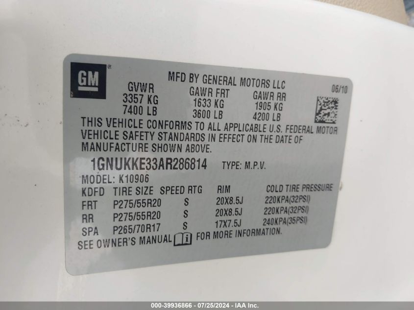 2010 Chevrolet Suburban 1500 Ltz VIN: 1GNUKKE33AR286814 Lot: 39936866