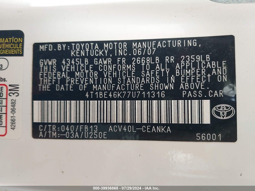 2007 Toyota Camry Le VIN: 4T1BE46K77U711316 Lot: 39936868