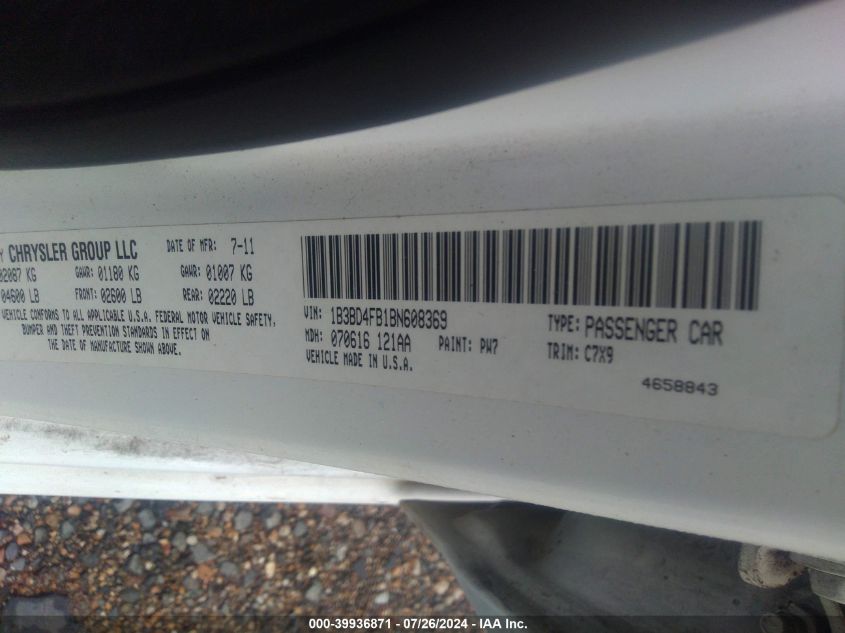2011 Dodge Avenger Express VIN: 1B3BD4FB1BN608369 Lot: 39936871