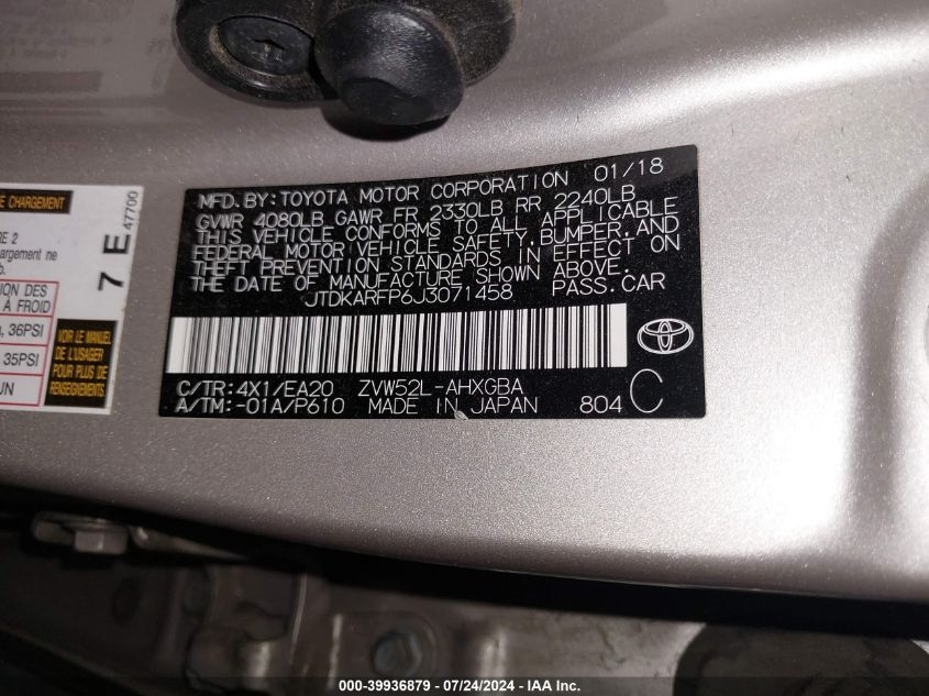 2018 Toyota Prius Prime VIN: JTDKARFP6J3071458 Lot: 39936879