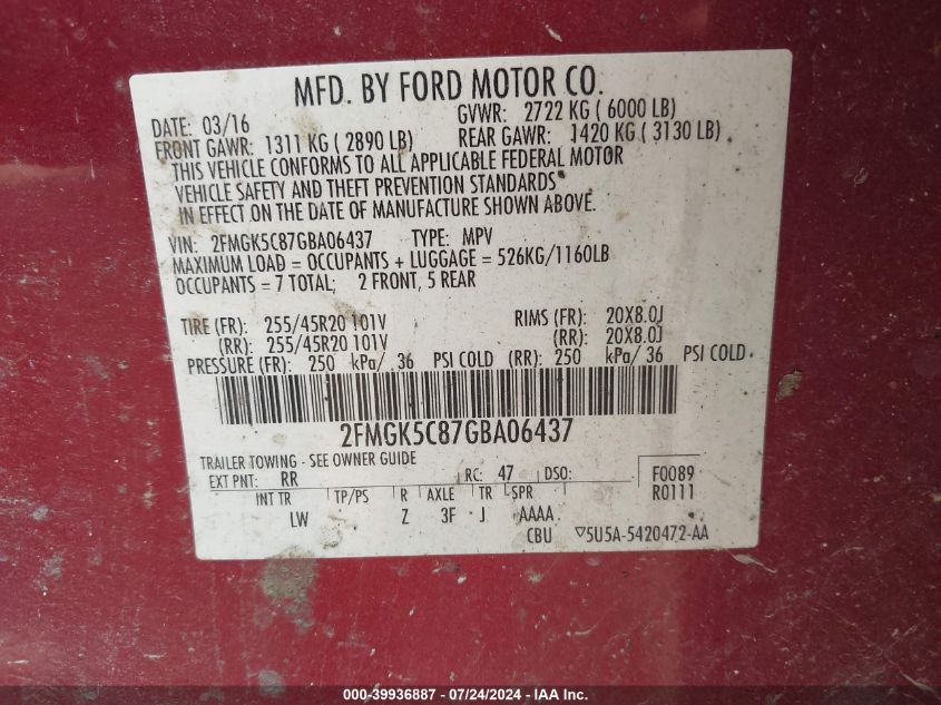 2016 Ford Flex Sel VIN: 2FMGK5C87GBA06437 Lot: 39936887