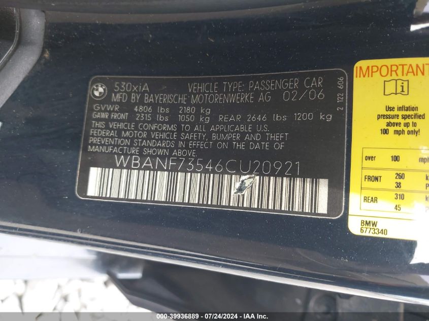 2006 BMW 530Xi VIN: WBANF73546CU20921 Lot: 39936889